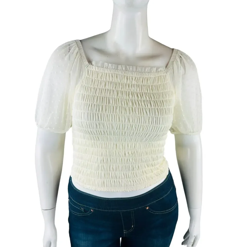 Torrid Womans Sz 4X Plus Blouse Smocked Dot Mesh Square Neck Crop Top Ivory NWT